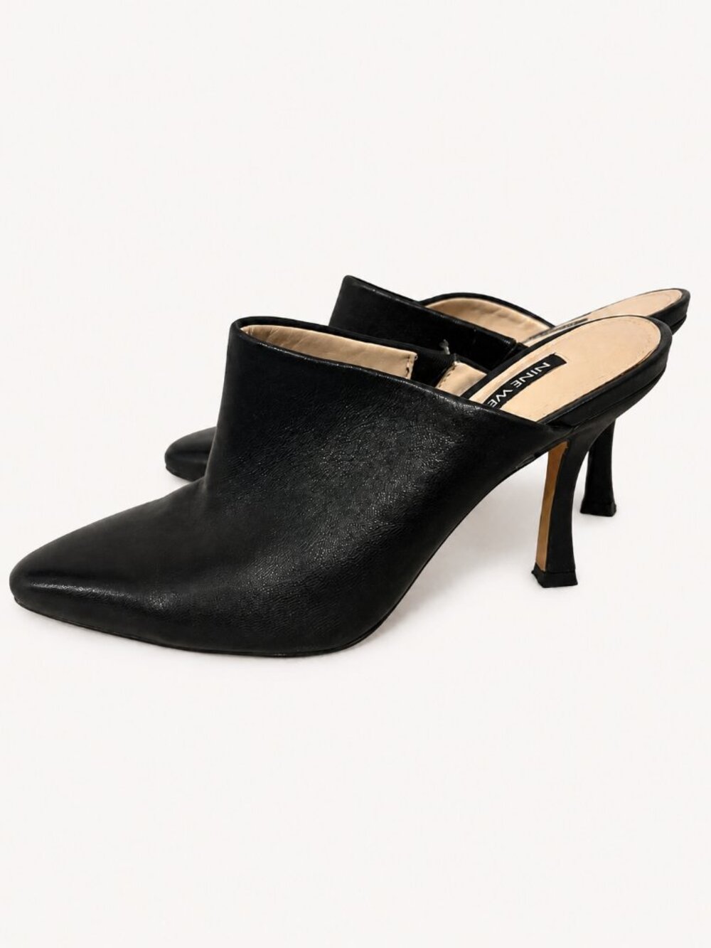 Nine West Ciao Black Leather Pointed Toe Stiletto Mule 4" Heels Size 7M